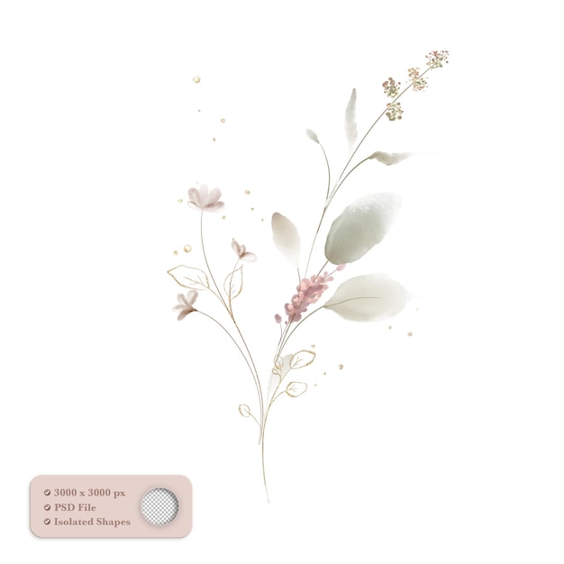 arranjo de flores em aquarela com folhas douradas e glitter