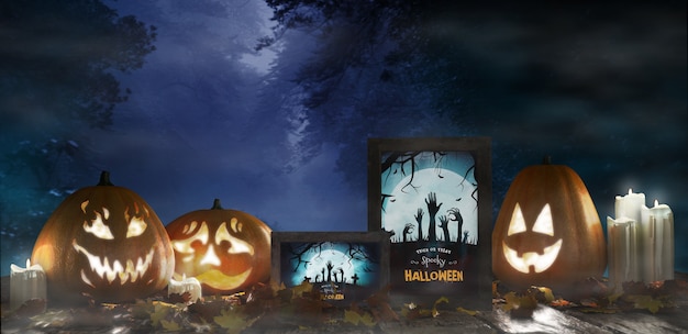 Arranjo de Halloween com abóboras assustadoras e cartazes de terror emoldurados