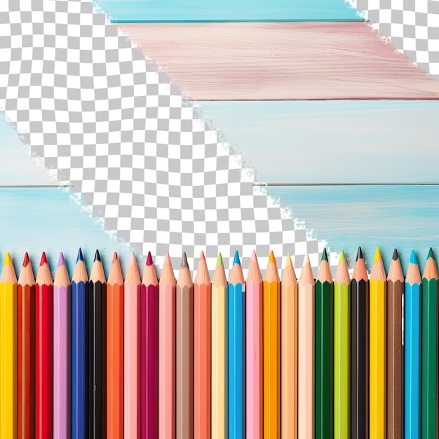 PSD arranjo de lápis de cor em mesa de fundo transparente com tema educacional de fundo de papel preto