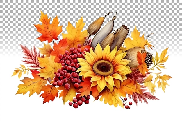 PSD arranjo de outono aquarela ilustração folhas de outono rowan berries sunflower acorn maple leaf