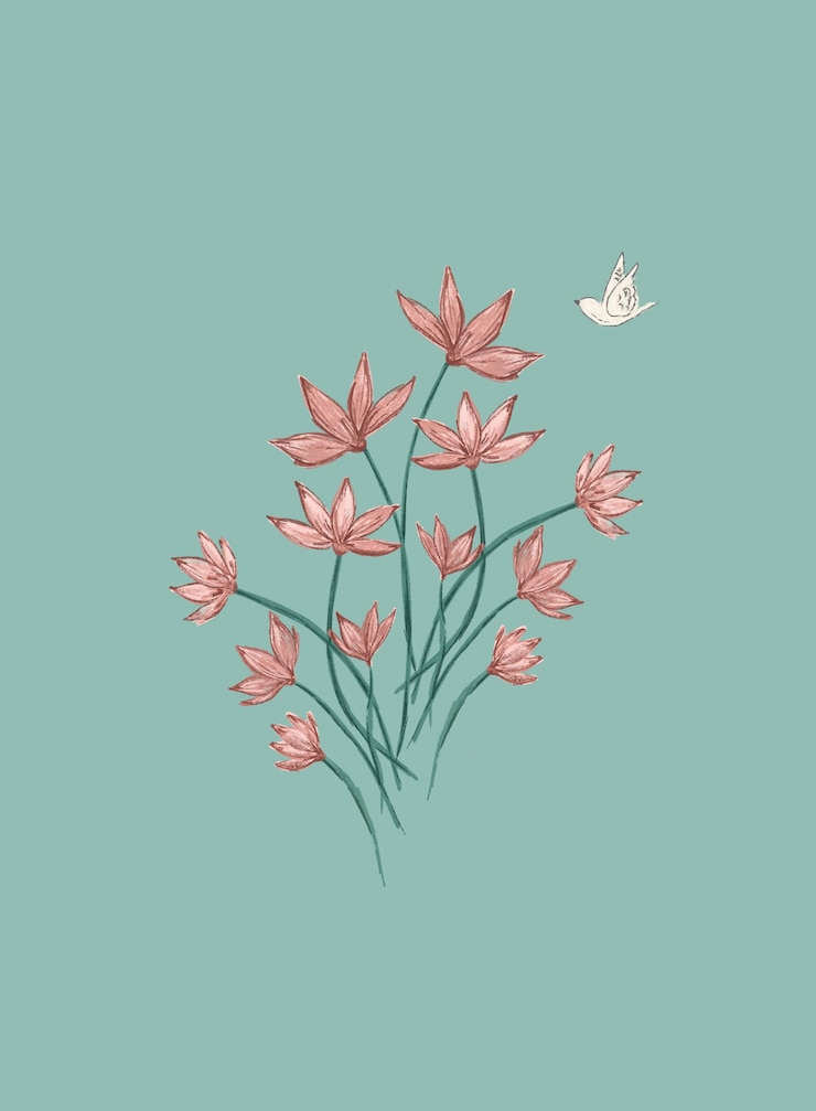 PSD arranjo floral com flores cor-de-rosa e um pássaro