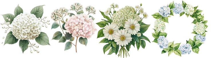 PSD arranjos florais aquarelados, incluindo buquês e uma coroa de flores