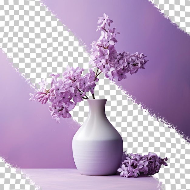 PSD arreglo artístico con flores de color lila en un jarrón blanco expuesto al aire libre durante el fondo transparente de primavera
