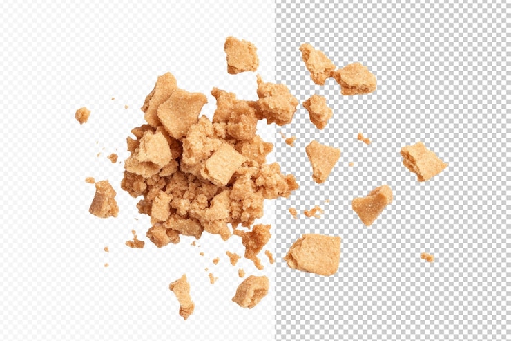 PSD arreglo artístico de migas de galleta aisladas contra un fondo blanco puro que hace hincapié en la textura y la forma