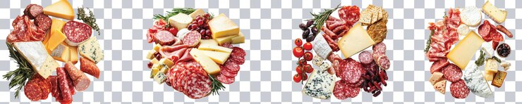 PSD arreglo artístico de queso y salchichas extendidos sobre la mesa fondo transparente