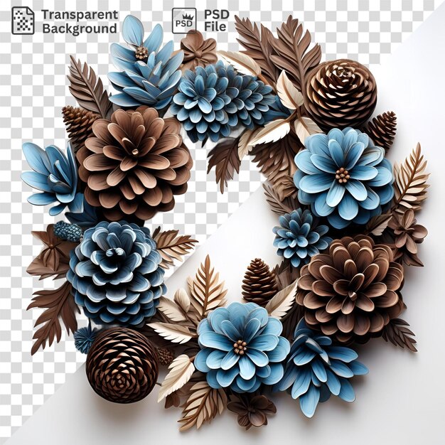 un arreglo colorido de flores y hojas, incluidas las flores azules y marrones, las flores marrones y una mezcla de flores azules e marrones dispuestas en un patrón circular