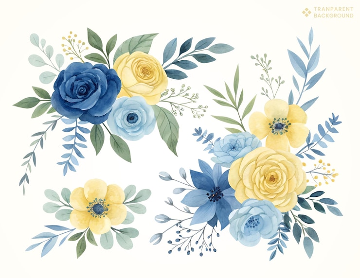 PSD arreglo floral de acuarela con flores azules y amarillas en un fondo transparente pintado a mano