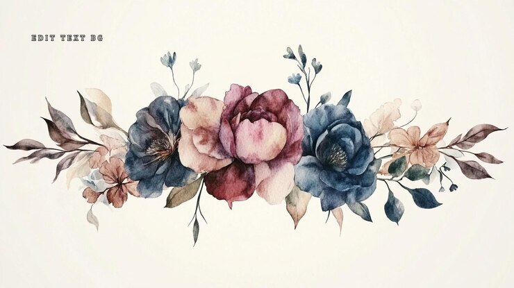 PSD arreglo floral en acuarela con flores y hojas de rosa borgoña azul oscuro y polvoriento