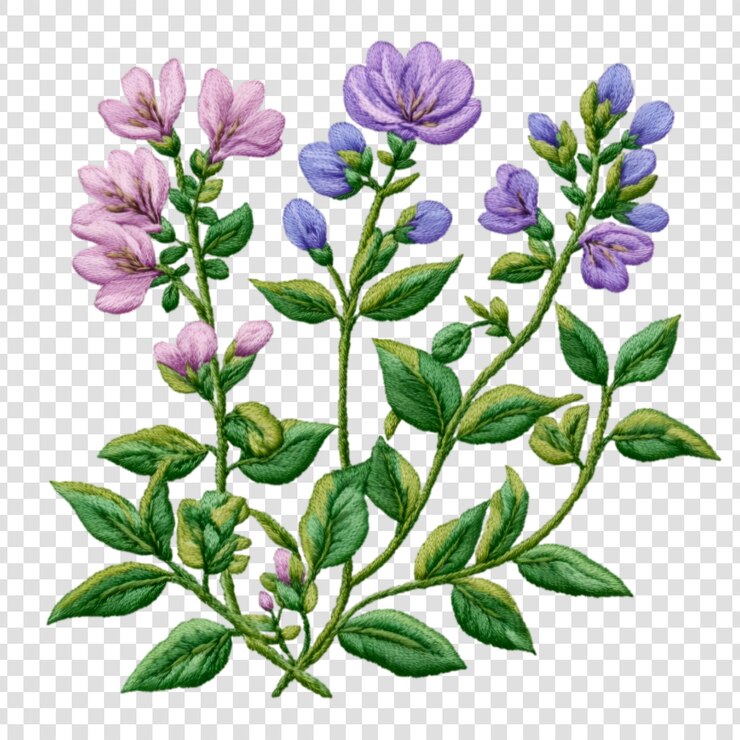 PSD arreglo floral delicadamente bordado en colores vibrantes sobre un fondo transparente