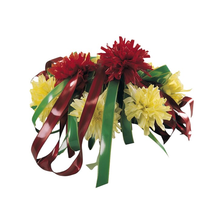 PSD arreglo floral festivo con flores rojas y amarillas y cinta de borgoña
