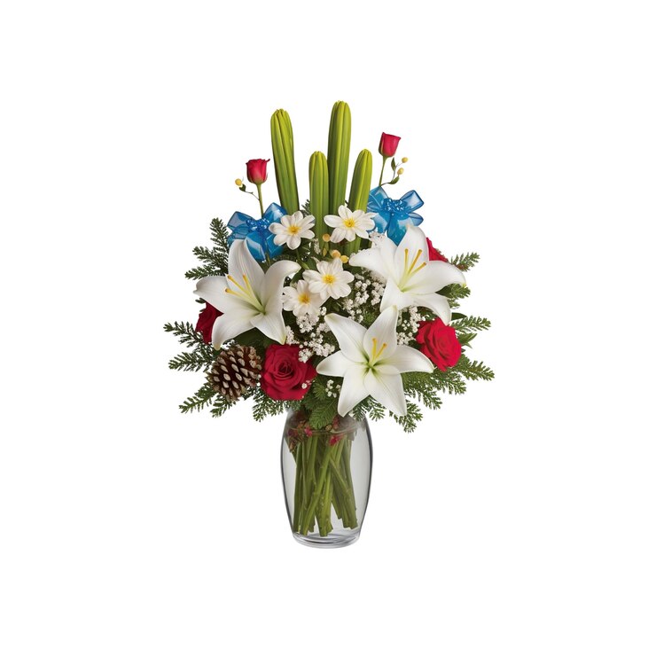 PSD arreglo floral festivo de invierno con lirios blancos rosas rojas y arcos azules
