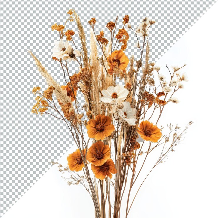PSD arreglo de flores secas de otoño con tonos cálidos aislados en un fondo transparente que muestra la belleza estacional flores secas de otoño aisladas en un fondo transparent