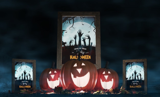 Arreglo de halloween con calabazas sonrientes y carteles de películas
