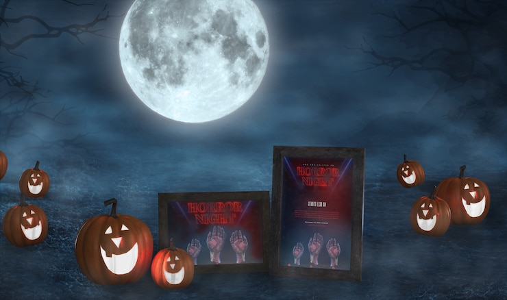 PSD arreglo de halloween con calabazas sonrientes y maquetas de carteles de películas