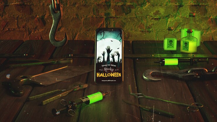 PSD arreglo de horror de halloween con teléfono inteligente