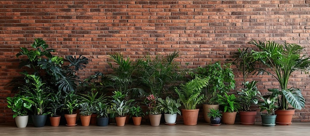 Arreglo de plantas de interior contra la pared de ladrillo
