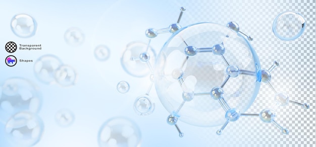 Arrière-plan bleu clair 3D avec motif de cellules de collagène et d'ADN pour les soins de la peau rendent l'acide hyaluronique bulle liquide sphère cosmétique avec molécule d'eau essence d'humidité pour le visage et le corps