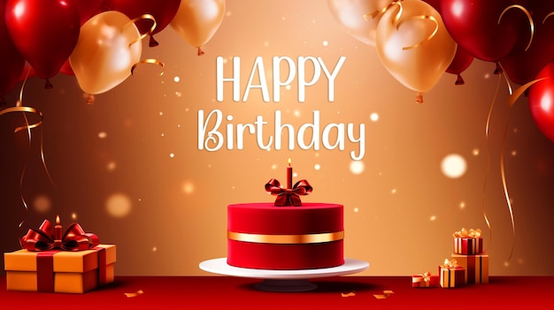 Arrière-plan de célébration d'anniversaire rouge PSD avec ballon boîte cadeau de gâteau d'aniversaire heureux