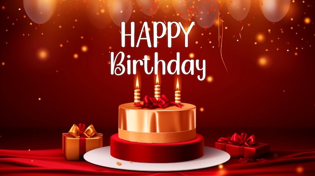 Arrière-plan De Célébration D'anniversaire Rouge Psd Avec Ballon Boîte Cadeau De Gâteau D'aniversaire Heureux