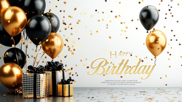 Arrière-plan de la célébration avec des ballons en or noir, des cadeaux et des confettis