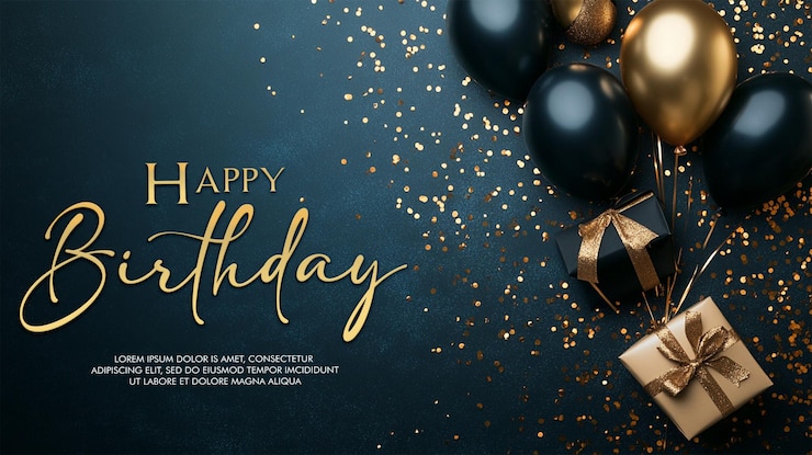 PSD arrière-plan de la célébration avec des ballons en or noir, des cadeaux et des confettis