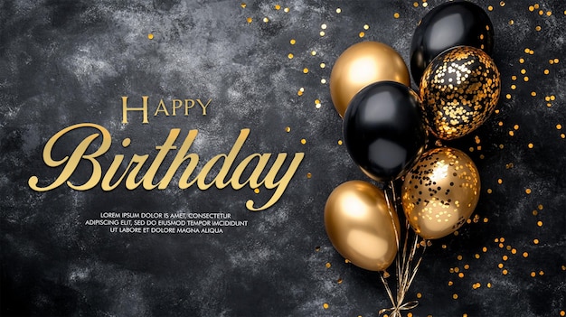 Arrière-plan de la célébration avec des ballons en or noir, des cadeaux et des confettis
