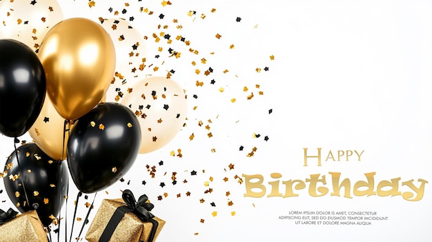 Arrière-plan de la célébration avec des ballons en or noir, des cadeaux et des confettis