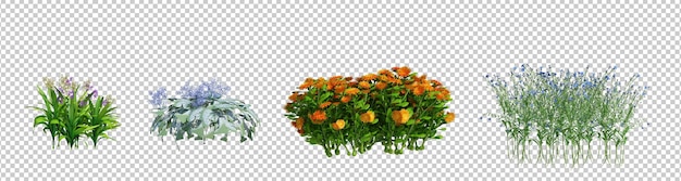 PSD arrière-plan de coupe isolée d'arbustes et de fleurs en 3d