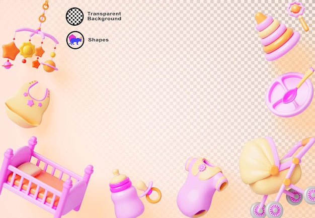 Arrière-plan de douche pour bébé fille rose 3D cadre de bannière pour nouveau-né avec poussette de berceau vêtements pour nourrissons bouteilles pour enfants sucettes jouets et espace pour le texte frontière de vacances pour fête d'anniversaire d'enfant