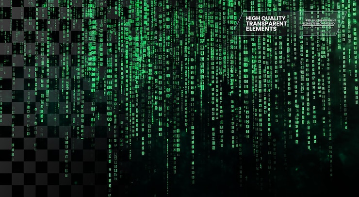 PSD arrière-plan du code numérique vert s'écoulant sur un fond transparent