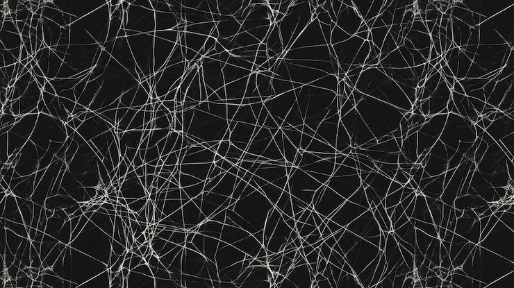 PSD arrière-plan sombre abstrait avec des lignes blanches chaotiques ressemblant à une toile d'araignée ou à un réseau neuronal