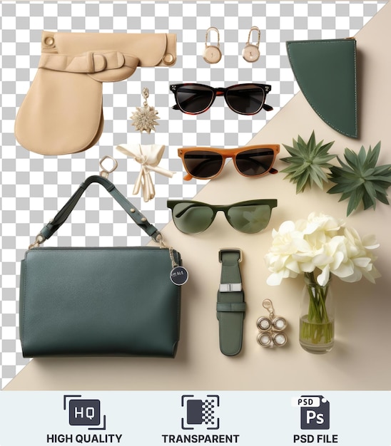 PSD arrière-plan transparent avec des accessoires de mode de luxe isolés pour femmes. une fleur blanche dans un vase en verre transparent s'assoit sur un fond transparent accompagné de lunettes de soleil noires.