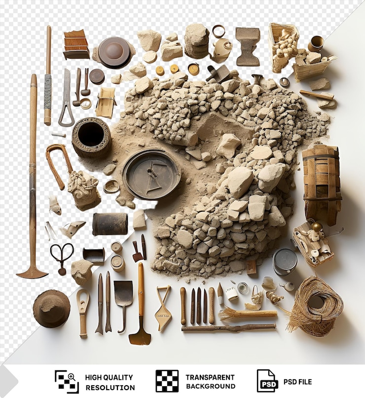 PSD arrière-plan transparent avec des archéologues photographiques réalistes isolés des fouilles archéologiques et des outils avec une poignée brune des ciseaux en argent et en métal et un petit trou