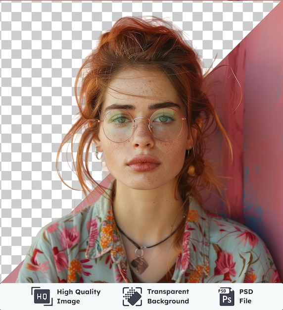 PSD arrière-plan transparent avec une belle fille hipster isolée avec des lunettes posant devant un mur rose