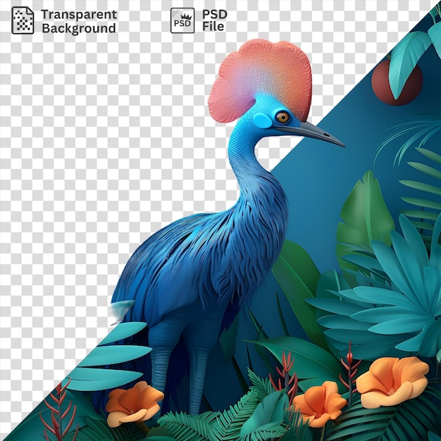 PSD arrière-plan transparent avec un cassouarie de dessin animé 3d isolé debout dans la forêt tropicale