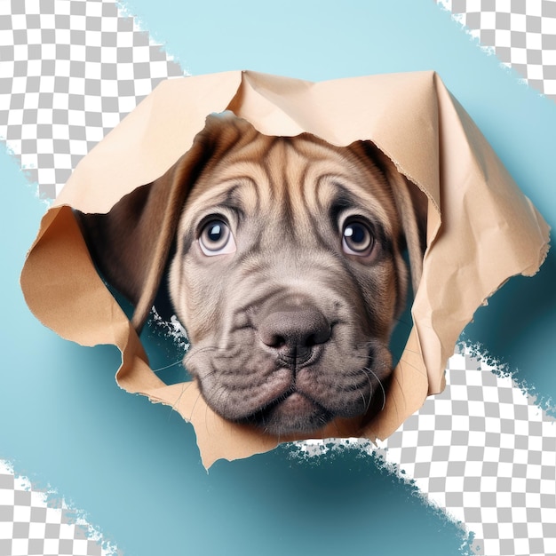 Arrière-plan Transparent Avec Un Chiot De Mastiff Ressemblant à L'oncle Sam Souriant Et Regardant à Travers Un Trou De Papier