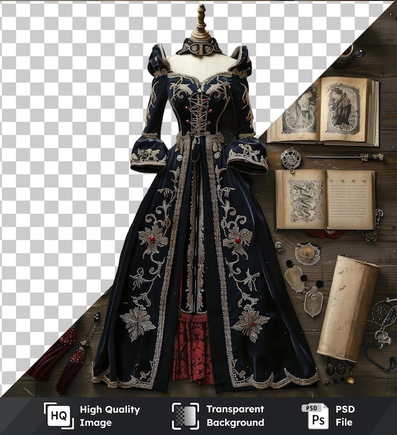 PSD arrière-plan transparent avec costume de cosplay fantastique isolé et accessoires sur le mur en bois avec un livre ouvert chapeau noir et robe noire