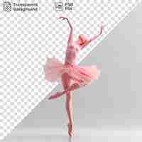 PSD arrière-plan transparent danseuse de ballet 3d effectuant une pirouette dans un tutu rose avec une main levée et un bras étendu portant une robe et une jupe roses et une jambe rose et rouge visibles