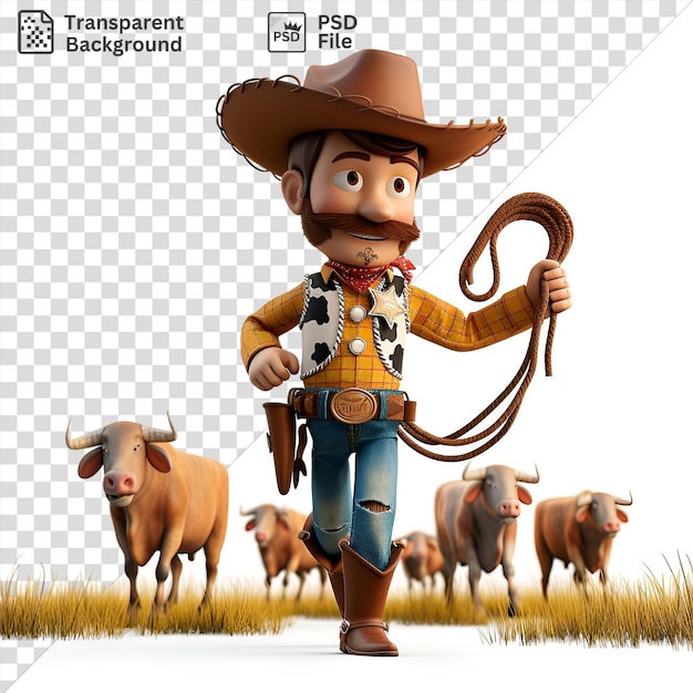 PSD arrière-plan transparent dessin animé de cow-boy 3d élevant du bétail à travers les plaines