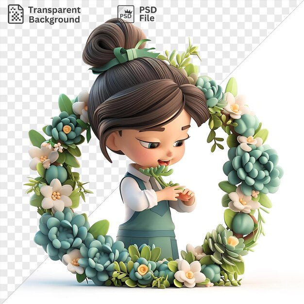 PSD arrière-plan transparent dessin animé de fleuriste en 3d faisant une couronne de fleurs avec une poupée aux cheveux noirs et bruns un œil noir et un arc vert entouré de fleurs blanches