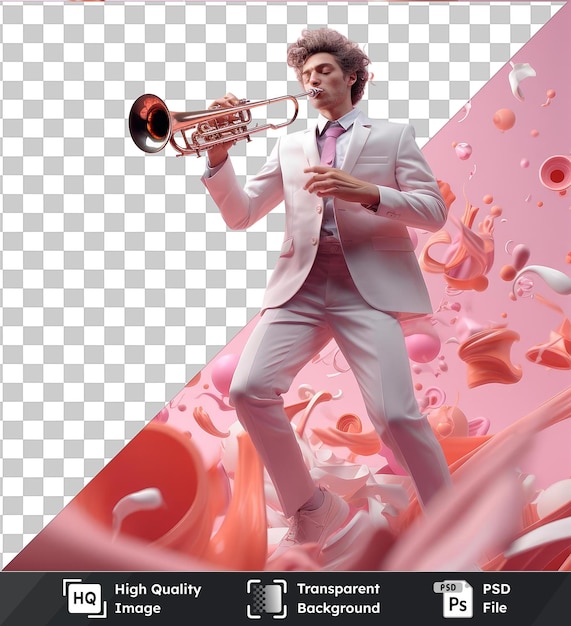 PSD arrière-plan transparent avec un dessin animé de musicien 3d isolé jouant un solo de trompette animé papier peint hd