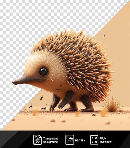 Arrière-plan Transparent Echidna De Dessin Animé 3d Cherchant De La Nourriture Pour Les Fourmis Sur Le Sol Avec Un œil Noir Et Une Jambe Brune Visibles Au Premier Plan Png Psd