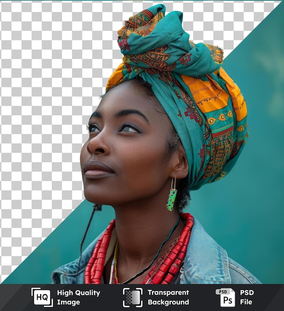 Arrière-plan Transparent Avec Une Femme Africaine Isolée En Vêtements Décontractés Avec Une Petite Oreille Bleue Et Des Yeux Bruns Sourcils Noirs Tête Bleue Visage Petit Nez Et Boucle D'oreille Verte Contre Un Bleu