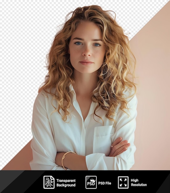 PSD arrière-plan transparent femme aux cheveux bouclés confiante debout avec les mains croisées png