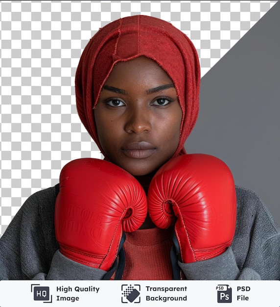 Arrière-plan Transparent Femme De Boxe Psd Avec Des Gants Rouges Sur Le Visage Avec Des Yeux Bruns Un Petit Nez Et Des Sourcils Noirs