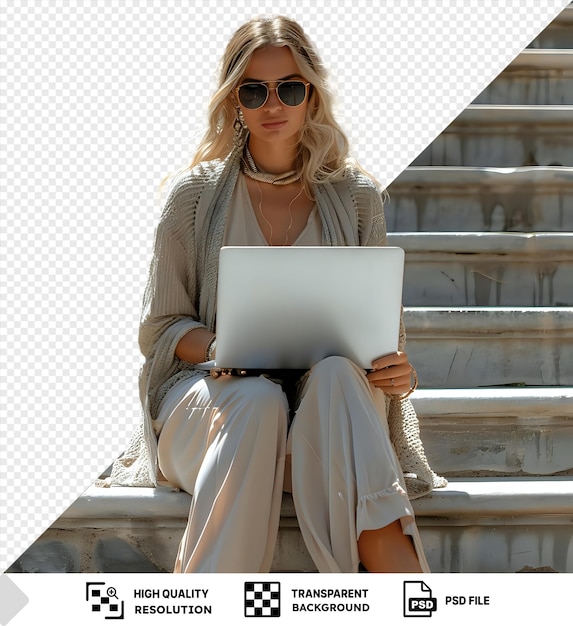 PSD arrière-plan transparent une femme en lunettes de soleil assise sur les marches et travaillant sur un ordinateur portable png