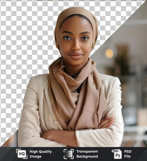 Arrière-plan Transparent Femme De Psd Et Femme D'affaires De La Mode Dans Un Foulard Avec Un Bouton Blanc Et Un Foulart Brun Visibles Au Premier Plan Et Une Main En Arrière-fond