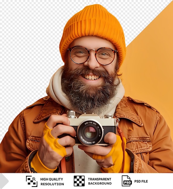 PSD arrière-plan transparent gars barbu heureux dans une tenue à la mode souriant et prenant des photos avec un petit appareil photo