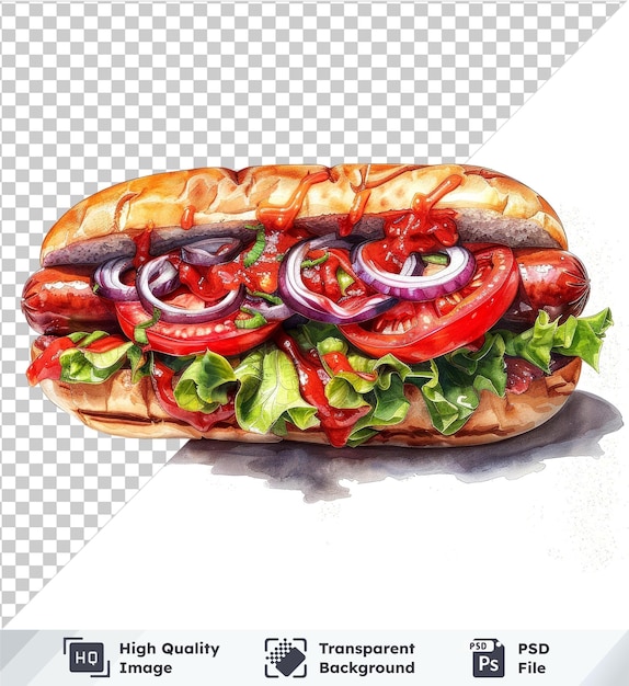 PSD arrière-plan transparent avec une illustration de hot-dog avec des légumes et de l'ombre