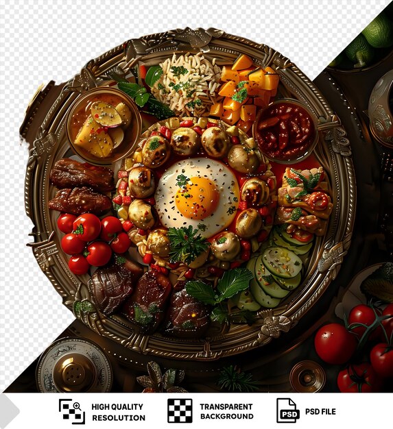 PSD arrière-plan transparent imam bayildi nourriture avec une tomate rouge et un œuf blanc sur une assiette